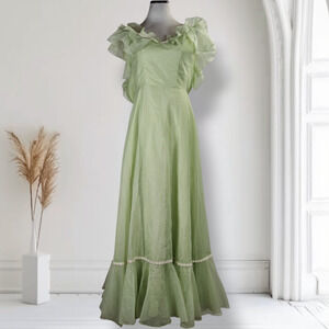 Vintage Lorrie Deb Swiss Dot Cottagecore Maxi Dress Green Size 0 Repair